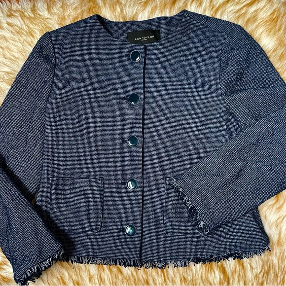 Ann Taylor factory blue tweed fringe trim blazer - Picture 3 of 6